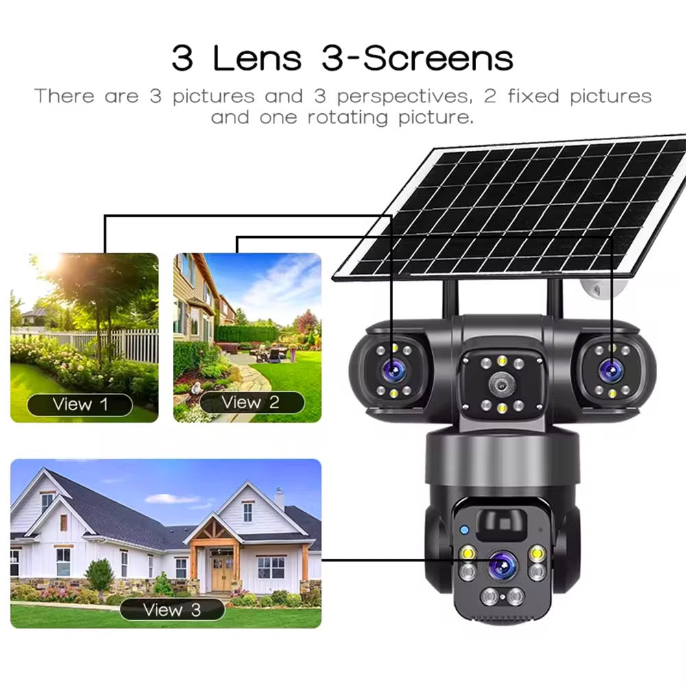 Caméra de surveillance solaire extérieure avec 3 objectifs