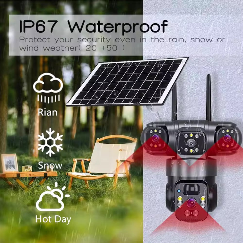 Caméra de surveillance solaire extérieure avec 3 objectifs