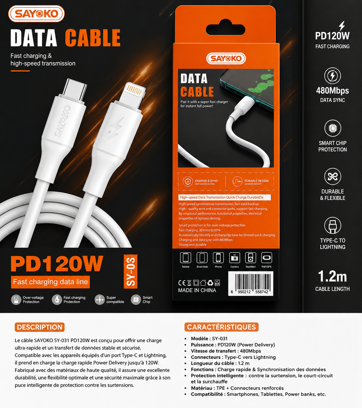 ⚡ CÂBLE DATA SAYOKO PD120W
